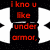 Red text on black background with white abstract shapes, displaying phrases like "i kno u like under armor" and "so do i! i kno u like me...".