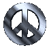A circular metallic peace symbol icon rotates through multiple angles against a gray background, showing side views and full front views.
