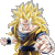 Pixelated static image of a muscular anime character with spiky yellow hair, dark blue and brown outfit, clenched fists, and intense expression against gray background.