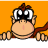 Pixelated monkey character with large white eyes, brown hair, and red cape against orange background. Character holds black rectangular object near face.