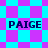 Four identical 'PAIGE' text elements arranged in a over a shifting cyan and magenta checkered background with diamond-shaped patterns