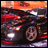 Pixelated image of a dark vehicle with red accents under an orange sky, featuring visible headlights and wheels.