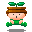 Pixel art animation of a character with brown hair and green outfit sitting in a pot, showing four sequential frames where the plant top changes from two leaves to one leaf while the body remains static.