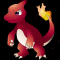Red dinosaur-like creature with white underbelly and yellow flame on tail, repeated in pattern on black background with red pixel noise