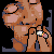 Pixelated character with brown skin and blue accents holds a small object with white, yellow, and red pixels.