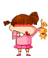 Pixelated cartoon girl in pink dress holding orange rabbit, with three distinct poses showing arm and head movement.