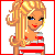Pixel art contact sheet showing 8 frames of a blonde doll character in red-and-white striped outfit with blue pants, featuring full-body poses, close-ups, and text elements like "to party!" and a heart symbol.