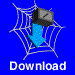 Blue background with white spiderweb, blue arrow, and gray box with diagonal line; text 'Download' below each web.