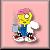 Pixelated character with yellow face, pink hair, blue overalls, white shirt, and red shoes against pink background.