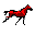 pixelated red horses in various running poses on a gray background, each horse rendered with black outlines and red pixelated bodies