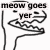 Black-and-white pixelated image shows a dinosaur head with text 'meow goes yer' above a wavy line and 'DINOSAUR' below the head.