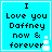 Four identical pixelated blue squares with white borders display black text reading "I Love you Daffney now & forever" and a small white plus symbol.