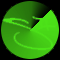 Green circular icon with glowing outline of a stylized figure holding a curved object, rotating through showing partial visibility of the figure and object against a black background