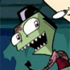 Green cartoon character with wide eyes and sharp teeth, wearing a black hat and red shirt, in multiple repeated poses against blue background.