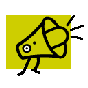 A 4-frame animated contact sheet showing a yellow stick-figure megaphone character with legs walking and emitting sound waves on a gray background.