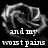Black-and-white rose graphic with pixelated text overlay reading 'and my worst pains are words I can not say...' across three