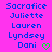 Pixelated text list of names on bright pink background with green heart symbols.