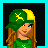Pixel art contact sheet showing a female character in green and yellow attire with John Deere branding across multiple frames including full body, legs, text, and date.