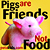 Pixelated image of a pink pig with brown patches on a yellow background, featuring text reading 'Pigs are Friends Not Food' in black and red lettering.