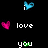 Pixelated icon with black background, pink and blue hearts, white text fragments, green pixel accents on 'you' and 'me', gray rectangle in bottom-right corner.