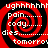 Red and black spiral pattern with white text reading 'ughhhhhh', 'pain...', 'cody...', 'dies...', 'tomorrow' in four quadrants.