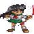 Pixelated character with dark hair and green skirt holds a red bow, standing against gray background with pink sparkles.