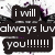 A static digital image with a white background featuring a heart with wings and purple splatter effects, accompanied by text reading "i will always luv you!!!!!!".