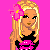 Pixelated character with blonde hair and pink flower accessory, wearing black top against bright pink background.