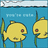 Two yellow fish with red eyes swim in blue water, surrounded by green aquatic plants.