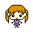 Pixel art avatar with orange pigtails, black eyes, and a purple dress showing two expressions: one with visible face details and another with a blank head.