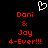 Pixelated red text on black background with white heart symbol above, displaying 'Doni & Jay 4-Ever!!!' in two identical vertical