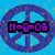 A static pixelated icon features a purple peace symbol on a blue background with bold pink text reading "11=8=08" in the center.