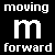 Static black-and-white pixel art icon featuring the words 'moving' and 'forward' flanking a large lowercase 'm' in a retro digital style.