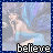 Pixelated figure in light blue shorts poses against a blurred background with purple and blue tones, text 'believe' at bottom.