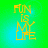 Four identical display yellow text 'FUN IS MY LIFE' on a green-to-blue gradient background with pixelated edges