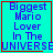 Pixelated blue text on cyan background reads 'Biggest Mario Lover In The UNIVERSE' with red border, showing animation change in bottom-right corner.