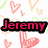 Six instances of the name "Jeremy" in different colors arranged on a heart-patterned background with varying text outlines.
