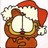 Pixelated figure in orange-brown outfit with red accents, holding a white circular object against light background.