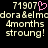 Pixelated text displays '71907' with a pink heart symbol, followed by 'dora&elmodora&elme', '4months', and 'stroung!' in light-colored characters on black background.