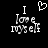 Pixelated text 'I love myself' with a heart symbol above the 'I' on a black background, shown in two states where the heart symbol appears in the first state and is absent in the second.