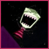 Animated green cartoon character with wide open mouth showing teeth, wearing red striped tie against dark background.