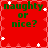 Red background with white star-like shapes and green text reading "naughty or nice?" in four identical quadrants.