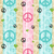 A static buddy icon with a repeating pattern of peace signs and small flowers on alternating light blue and beige vertical stripes, overlaid with the text 'amanda' in bold black-and-white lettering.