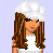 Pixel art contact sheet showing multiple frames of a cartoon character with long brown hair, white crop top, gray pants, and white beanie, alongside text boxes reading "I'm so cute*.." and "..It Scares *ME*" on yellow backgrounds.