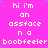 A static image with a bright pink background displays repeated white pixelated text reading "hi i'm an assface n a boobfeeler" in multiple , with small cyan dots scattered across the surface