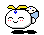 A 4-frame pixel art contact sheet of a white round character with yellow horns, blue gem on forehead, and light blue ear accessory showing different facial expressions against gray background.