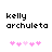 Pixelated text 'kelly archuleta' above five pink heart icons on white background, with two variations showing different heart color arrangements.