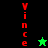 Vertical red text "vince" on green and black backgrounds with a green star and black star icon below the text.