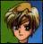 Pixelated image of a person with brown hair and green eyes, wearing a light-colored hat against a green and blue background.