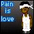 Pixelated image with blue text reading 'Pain is love' on left and a figure in white tank top and headband on right.
